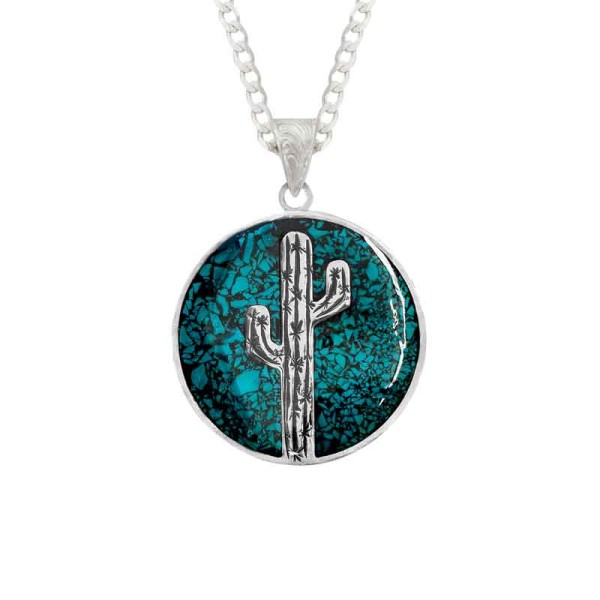 ¡Lleva contigo un pedazo del Salvaje Oeste con este colgante personalizado! Con un cactus de Plata Alemana destacando sobre un vibrante fondo turquesa, tan amplio y hermoso como el cielo . Personalízalo con tu color de piedras favoritas seleccionando en e