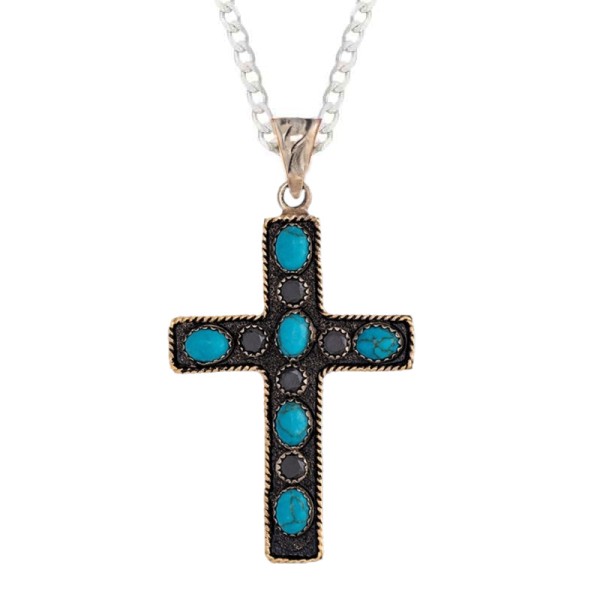 Hermosa cruz de Alpaca 1.6"x2.3" con un borde de cuerda de Tumbaga.

¡Esta cruz tiene 6 piedras de turquesa simulada más tu elección de 5 Zirconias Cúbicas!