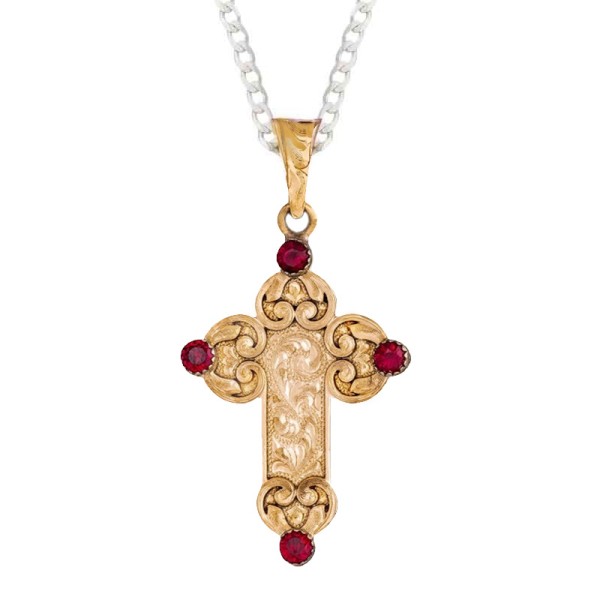 Tesalonicenses es una impresionante cruz de Tumbaga, 1.5""x2"" con delicados grabados a mano y 4 grandes piedras de Zirconia Cúbica de tu eleccion.

¡Obtén una cadena de Plata Esterlina a precio reducido al comprar la cruz 'Tesalonic