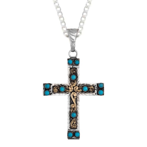 "Isaiah es una cruz de Alpaca con filigrana de Tumbaga, de 1.5""x2"" con 12 piedras, puedes elegir Turquesa Simulada o tu elección de color de Zirconia Cúbica para hacerla tuya.

¡Obtén una cadena de Plata de Sterlina a precio r